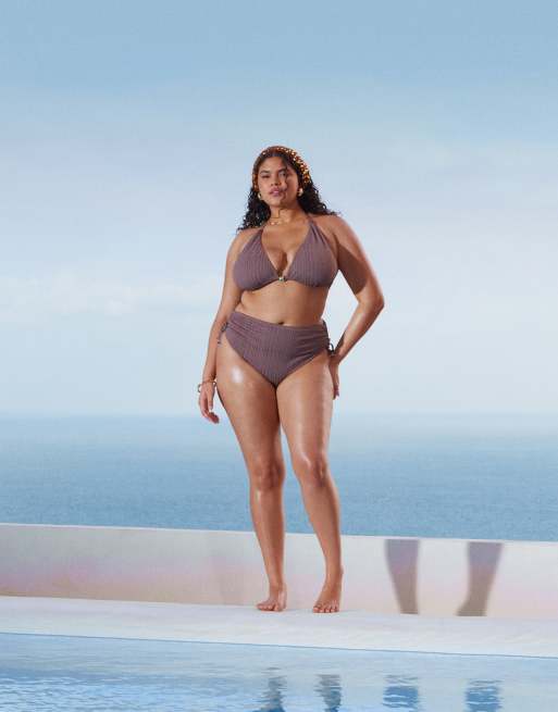 Braguitas de bikini marrones de talle y pernera altos Tayla de ASOS DESIGN Curve