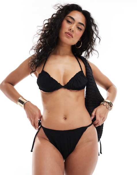 Braguitas de bikini negras anudadas a los laterales con diseño bordado y detalle de volante de Daisy Street - view 1