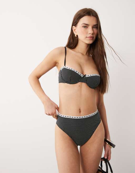 Bikini negro con estampado de lunares y ribete blanco de encaje Lottie de ASOS DESIGN, 2 de 6