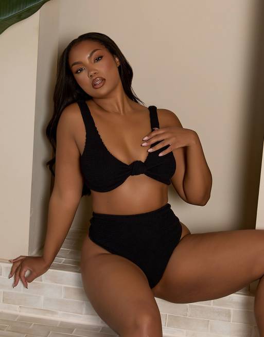 Braguitas de bikini negras de talle alto de tejido rugoso de Moda