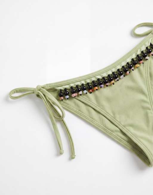 Braguitas de bikini verdes anudadas a los laterales de pernera alta con flecos de cuentas Bea Rio de ASOS DESIGN, 8 de 8