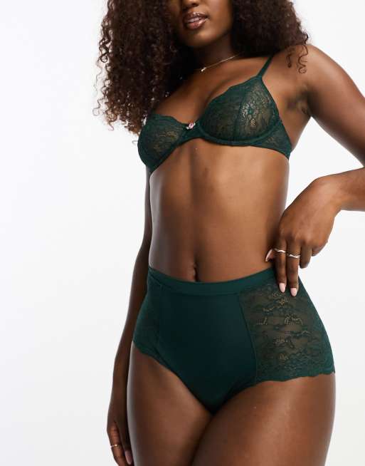 Braguitas verde oscuro de corte amplio y talle alto de encaje Mix & Match de Monki, 4 de 4