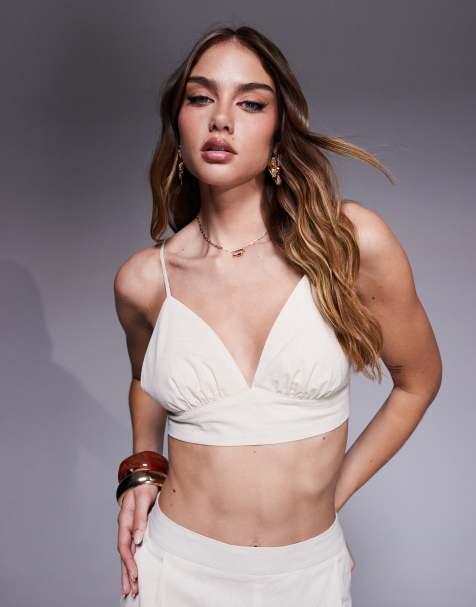 Bralette corto color crema de tirantes de tejido efecto lino de Missy Empire (parte de un conjunto) - view 1