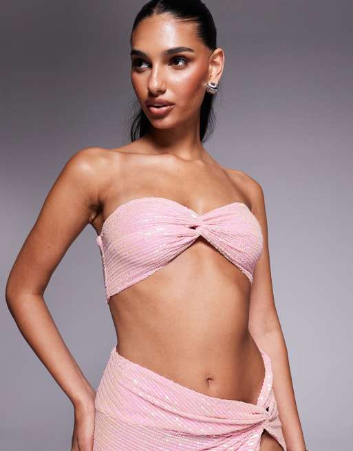Bralette rosa con escote palabra de honor y detalle retorcido en la parte delantera de lentejuelas de Missyempire (parte de un conjunto)