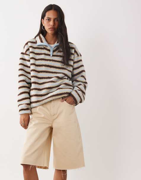 Brave Soul 1/4 zip fleece in brown, blue and cream stripe - view 1