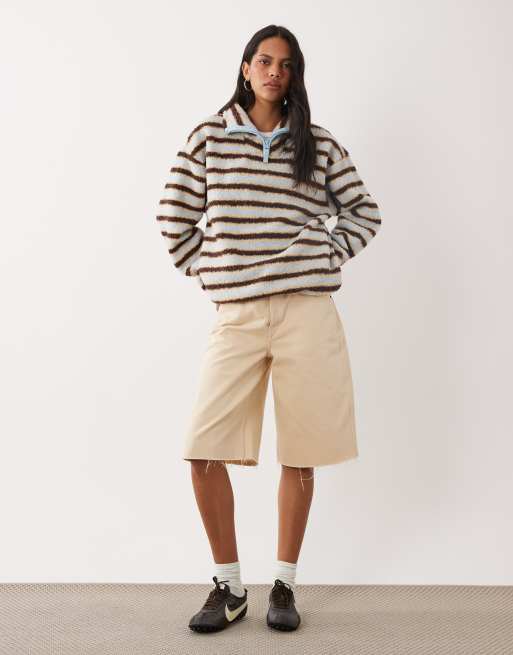 Brave Soul 1/4 zip fleece in brown, blue and cream stripe, 2 of 4
