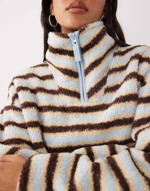 Brave Soul 1/4 zip fleece in brown, blue and cream stripe, 3 of 4