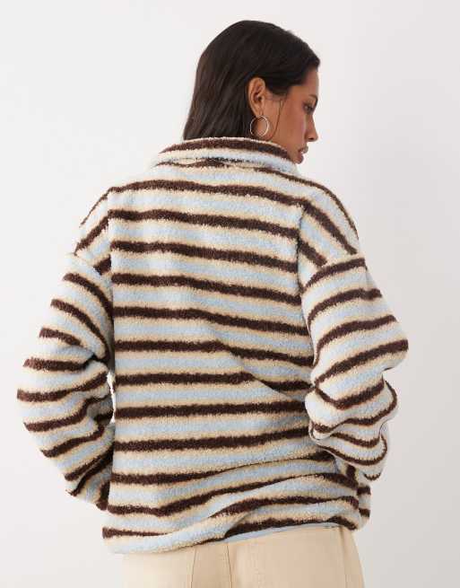 Brave Soul 1/4 zip fleece in brown, blue and cream stripe, 4 of 4