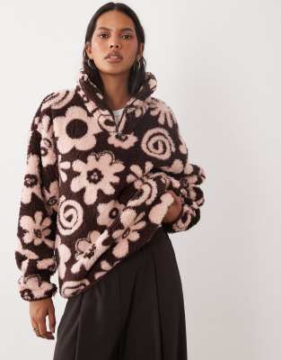Brave Soul 1/4 Zip Fleece With All Over Flower Print In Brown
