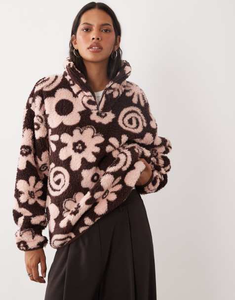 Brave Soul 1/4 zip fleece with all over flower print in brown and pink - view 1