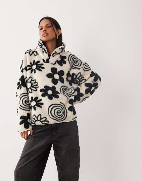 Brave Soul 1/4 zip fleece with floral print in cream and black - view 1