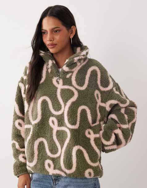 Brave Soul 1/4 zip fleece with squiggle print in khaki and pink - view 1