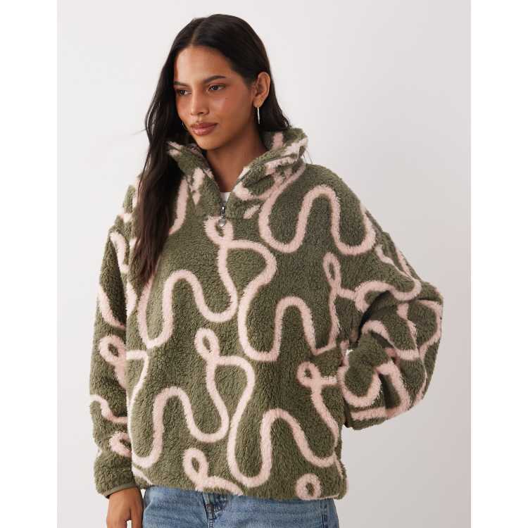 Brave Soul 1/4 zip fleece with squiggle print in khaki and pink | ASOS