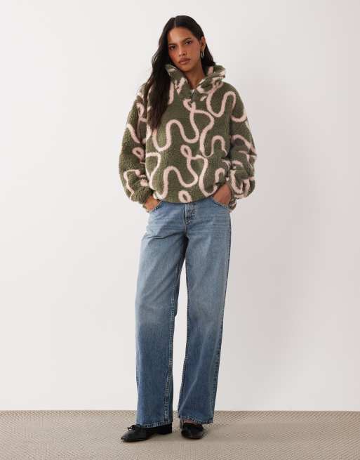 Brave Soul 1/4 zip fleece with squiggle print in khaki and pink, 2 of 4