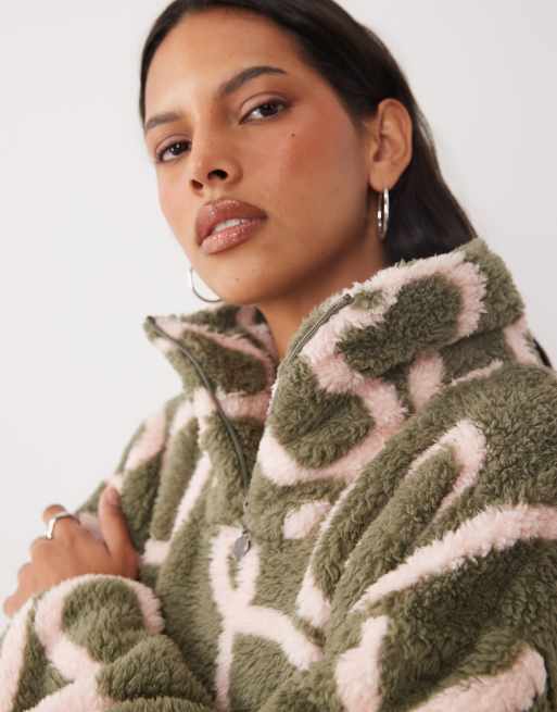 Brave Soul 1/4 zip fleece with squiggle print in khaki and pink, 3 of 4
