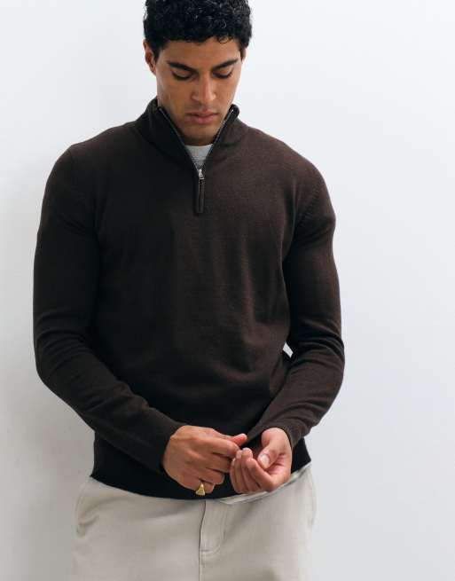 Brave Soul 1/4 zip knit sweater in brown, 5 of 5