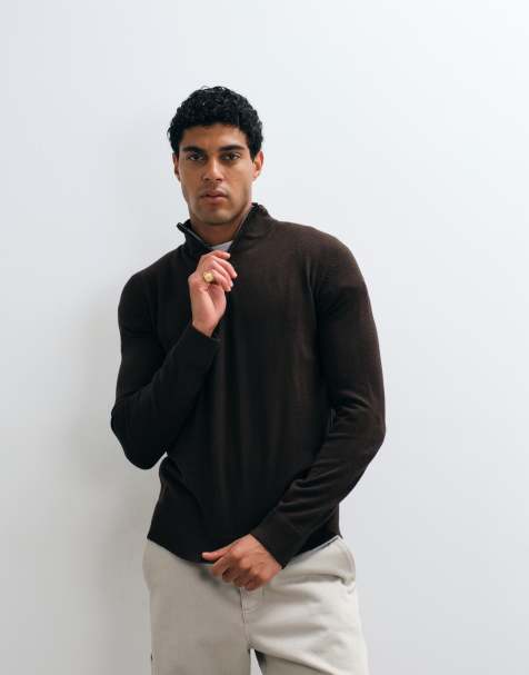 Brave Soul 1/4 zip knitted jumper in brown - view 1