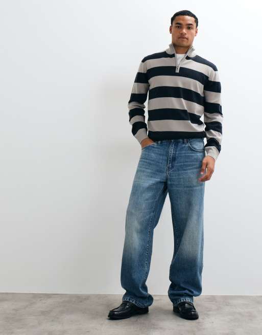 Brave Soul 1/4 zip knitted jumper in grey and navy stripe, 4 of 9