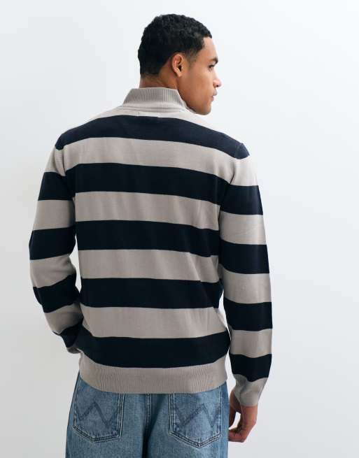 Brave Soul 1/4 zip knitted jumper in grey and navy stripe, 5 of 9