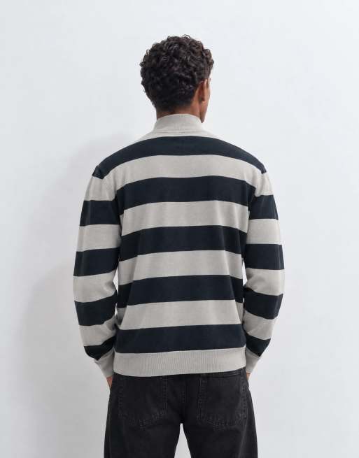 Brave Soul 1/4 zip knitted jumper in grey and navy stripe, 7 of 9