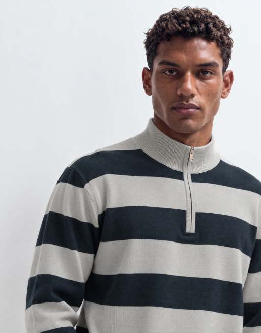 Brave Soul 1/4 zip knitted jumper in grey and navy stripe, 8 of 9