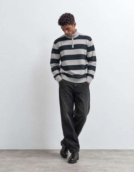 Brave Soul 1/4 zip knitted jumper in grey and navy stripe, 9 of 9