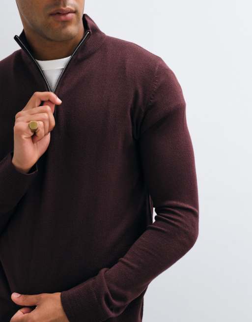 Brave Soul 1/4 zip knitted jumper in oxblood, 4 of 5