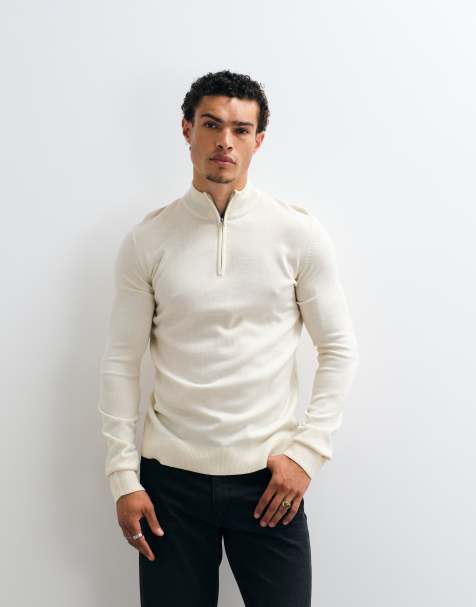Brave Soul 1/4 zip knitted jumper in stone - view 1
