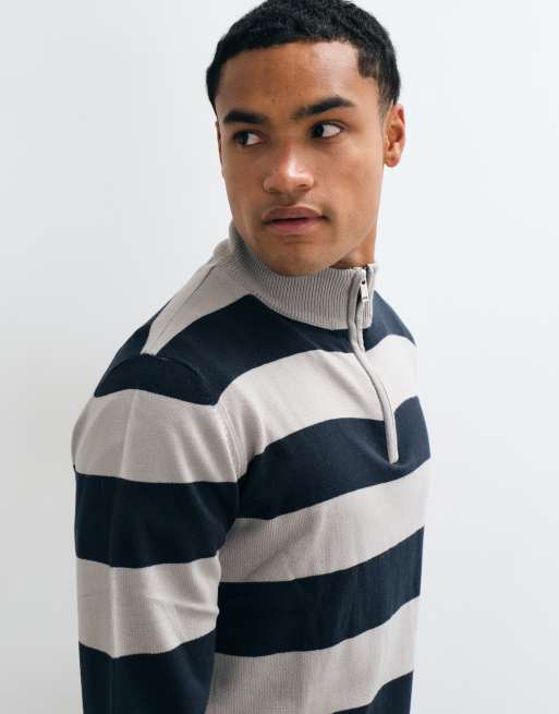 Brave Soul 1/4 zip knitted sweater in gray and navy stripe, 2 of 9