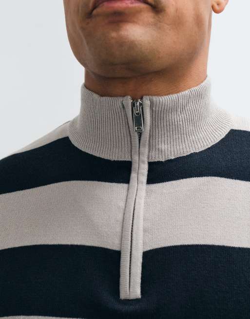 Brave Soul 1/4 zip knitted sweater in gray and navy stripe, 3 of 9