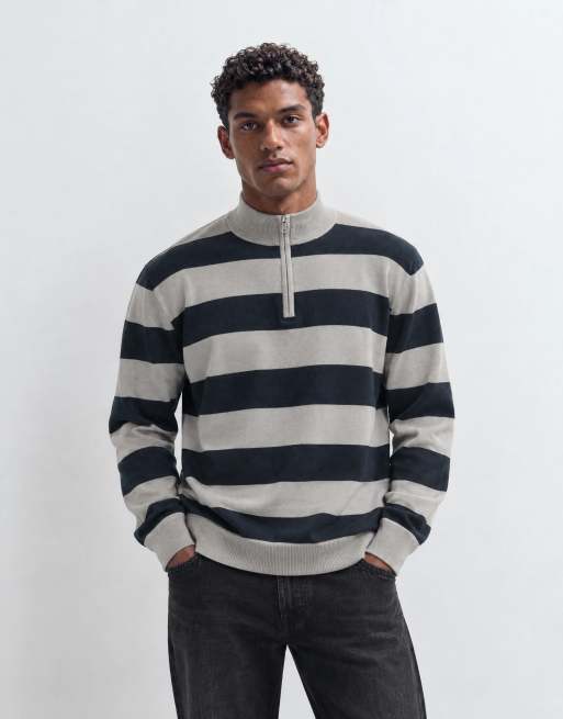 Brave Soul 1/4 zip knitted sweater in gray and navy stripe, 6 of 9
