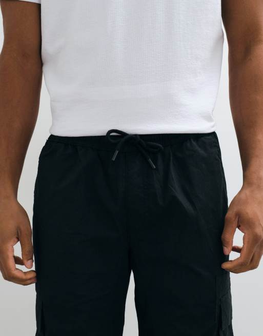 Brave Soul 100% cotton cargo trousers with elasticated waist in black, 4 of 5