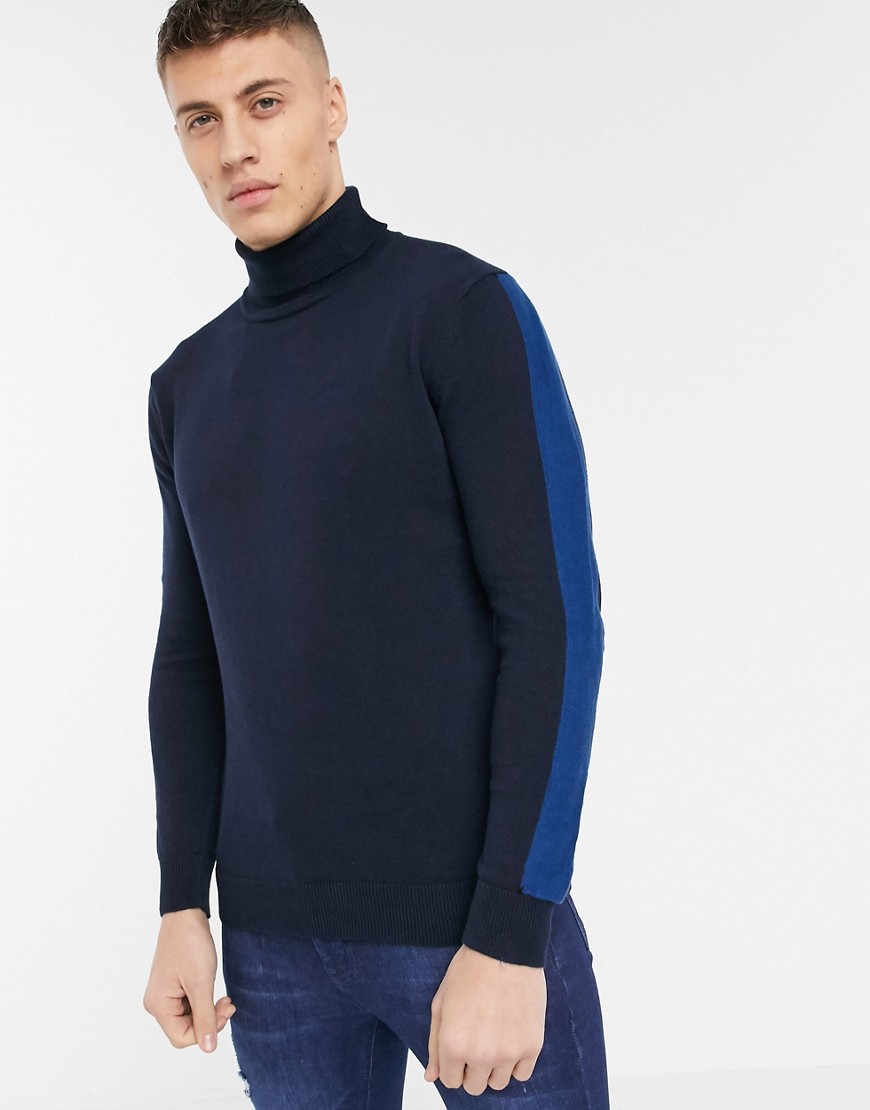 Brave Soul 100% cotton roll neck jumper with arm stripe in navy