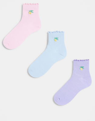 Brave Soul 2 Pack Ankle Socks With Lemon Embroidery In Multi