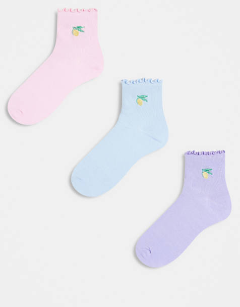Brave Soul 2 pack ankle socks with lemon embroidery in blue, pink and purple - view 1