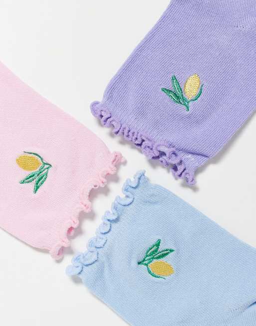 Brave Soul 2 pack ankle socks with lemon embroidery in blue, pink and purple, 2 of 3
