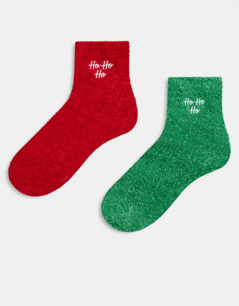 Brave Soul 2 pack fluffy Christmas socks in red and green - view 1