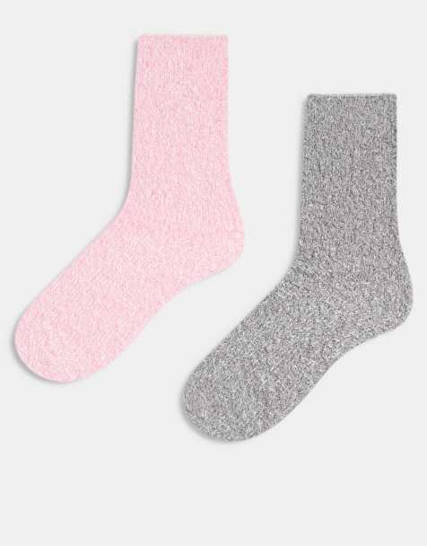 Brave Soul 2 pack of fluffy socks in pink and grey - view 1