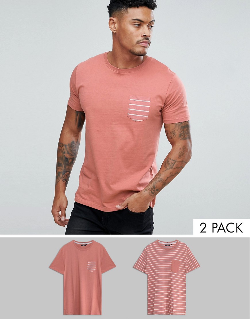 Brave Soul 2 Pack Stripe And Plain T-Shirt-Pink