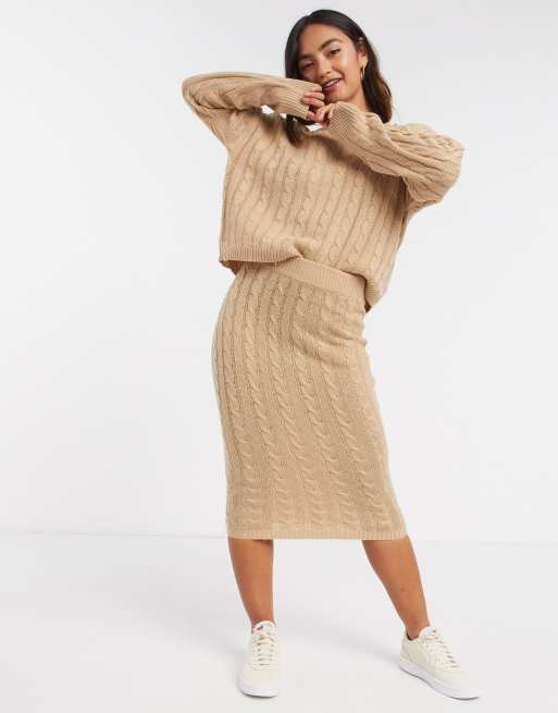 Brave Soul 2 piece cable knit jumper and and midi skirt set in biscuit