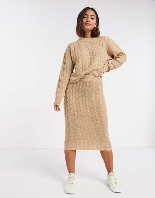 Brave Soul 2 piece cable knit jumper and and midi skirt set in