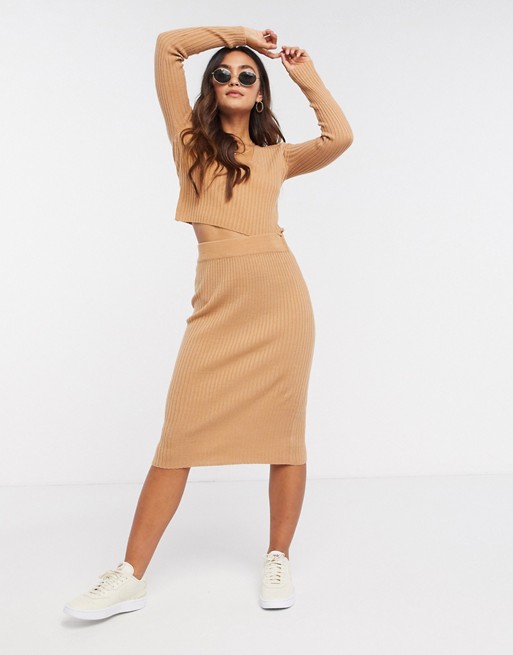 Brave Soul 2 piece ribbed crop top and midi skirt set in camel