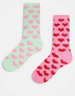 Brave Soul - 2er-Pack flauschige Socken in Rosa und Grün mit Herzmuster