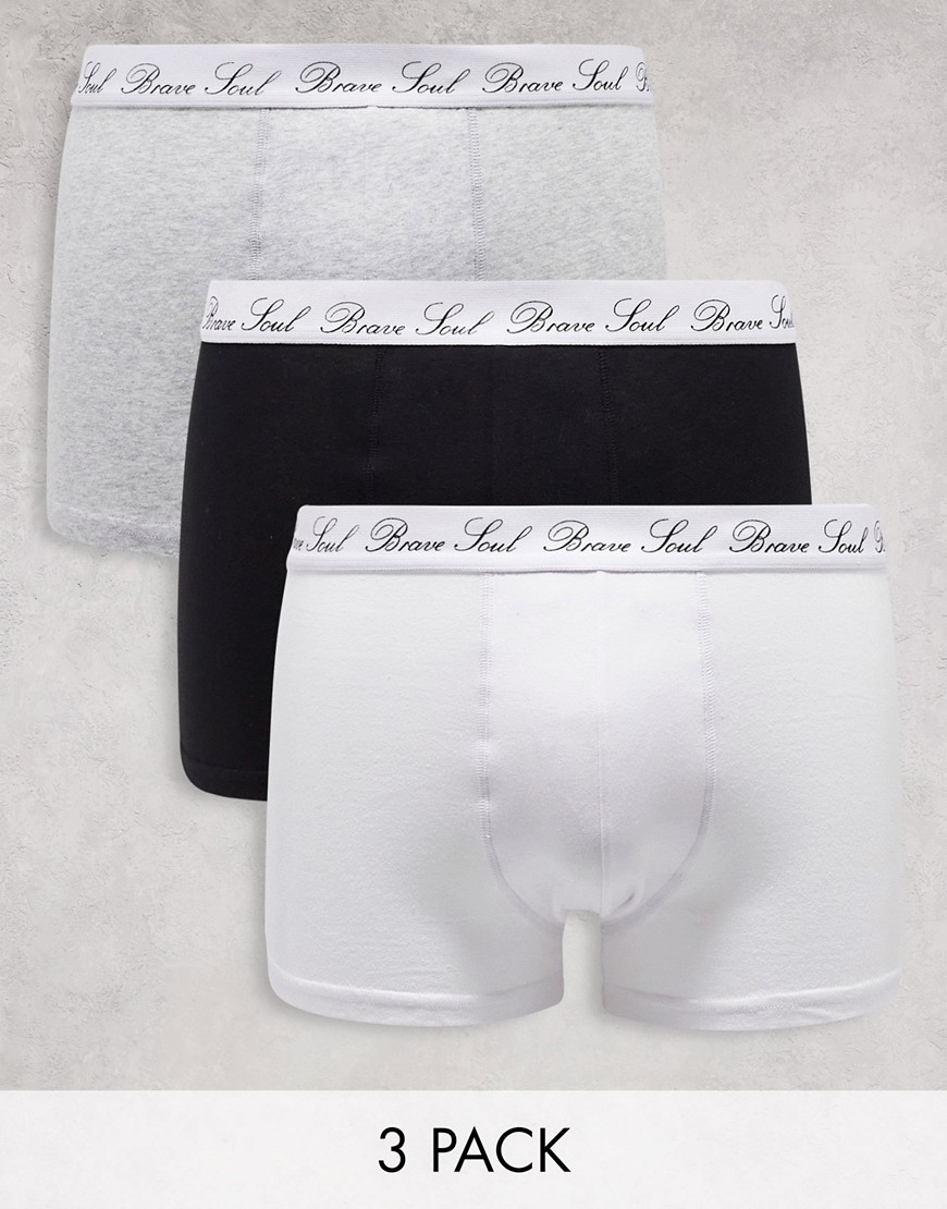 Brave Soul 3 pack boxers with logo waistband in black gray and white