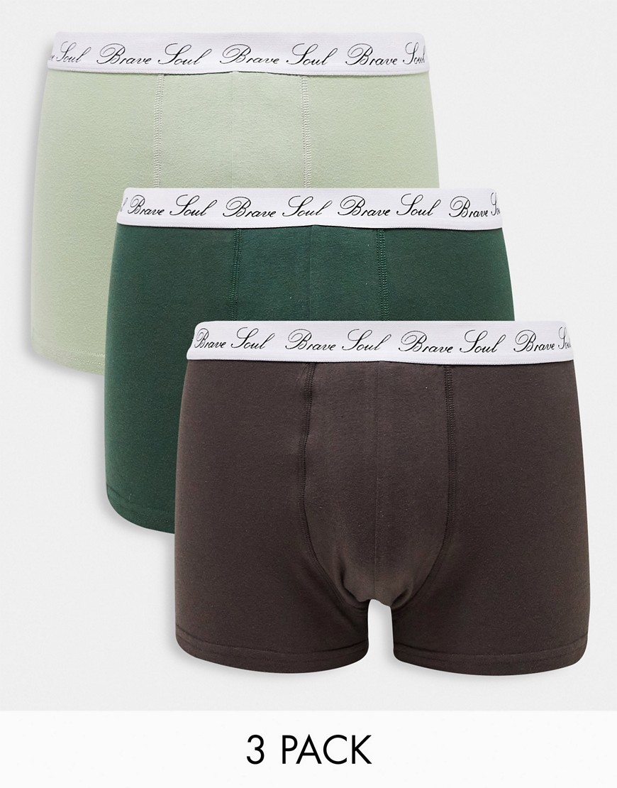 Brave Soul 3 pack boxers with logo waistband in green and brown