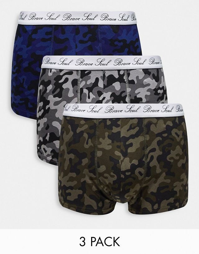 Brave Soul 3-pack boxers with logo waistband in navy and gray camo print