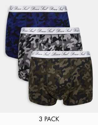 Brave Soul 3 pack boxers with logo waistband in navy and grey camo ...