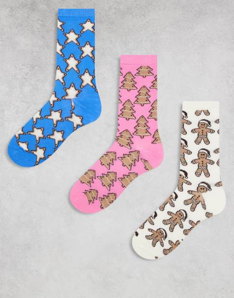 Brave Soul 3 pack Christmas cookie print socks in multi - view 1