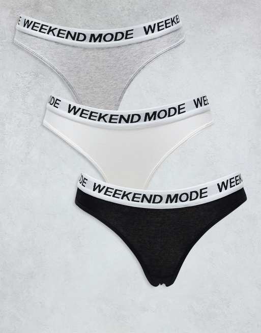 Brave Soul 3 pack cotton lingerie thongs with contrast waistband print in black, white and grey