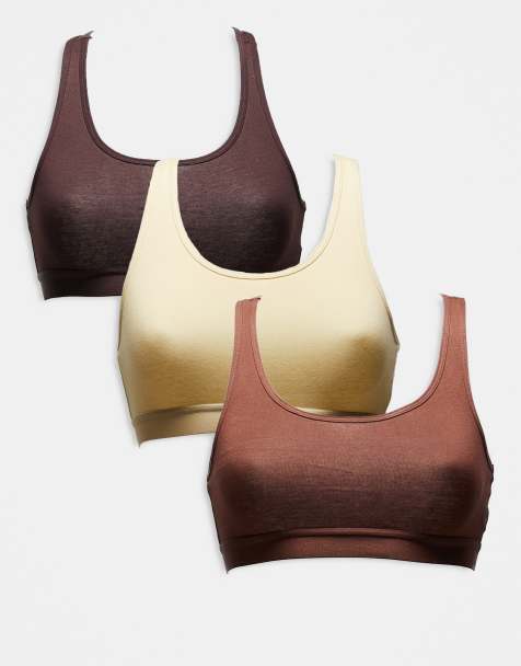 Brave Soul 3 pack cotton racer back bralets in brown - view 1